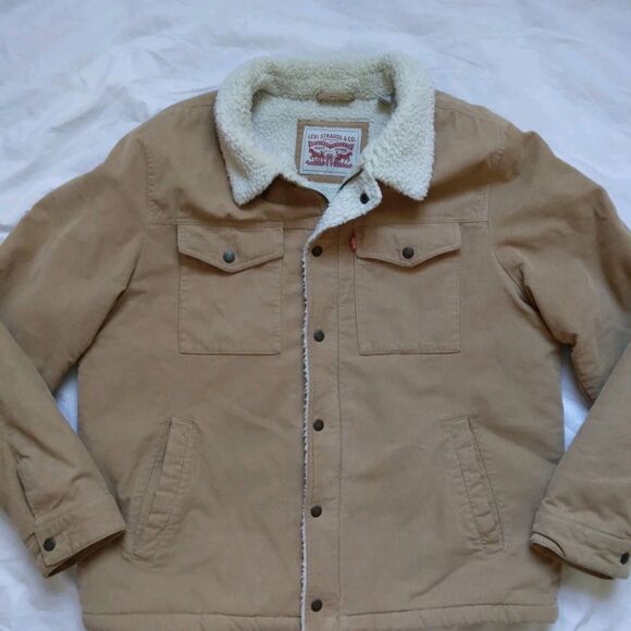 Levi’s Corduroy Trucker Jacket Tan Cotton Sherpa Fleece Lined 90s Y2K Men’s XL - Picture 2 of 16
